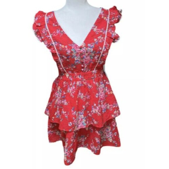 Betsey Johnson Red Floral Ruffle Dress M NWT Cottagecore Seersucker Boho - Picture 2 of 12